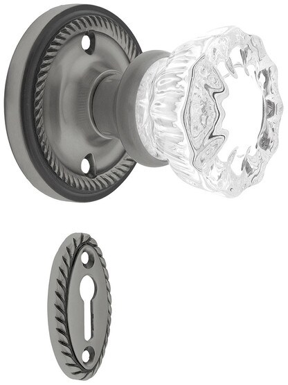 Rope Rosette Mortise Lock Set With Fluted Crystal Door Knobs in Antique Pewter.